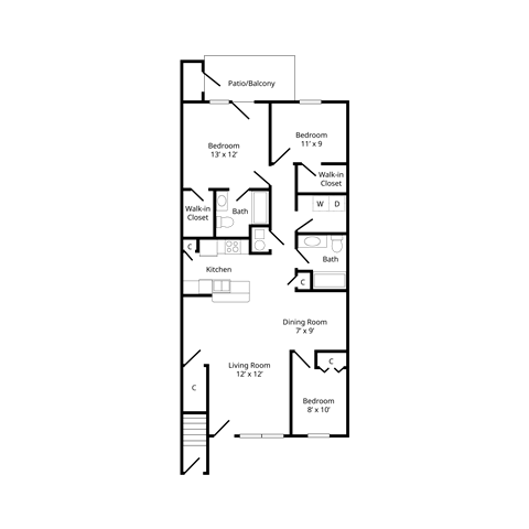 Floor plan of a three-bedroom apartment at chapelgate apartments, featuring a bedrooms, bathroom, kitchen, living/dining area, and a private balcony or patio.